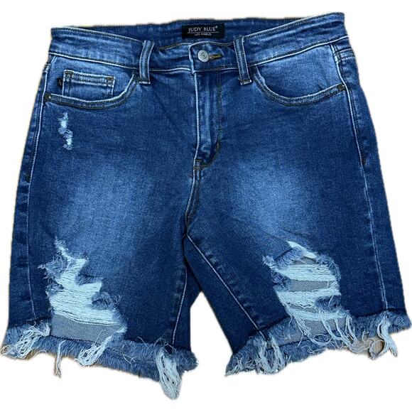 Judy Blue Distressed Bermuda Denim Shorts Raw Hem Medium Wash Size Medium - Picture 1 of 10